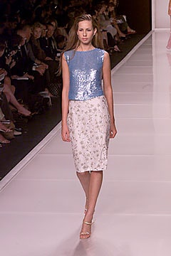 blue sequin top and white pencil skirt
