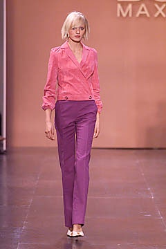 pink fitted blazer and purple tailored pants