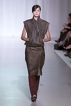 brown leather sleeveless dress with tailored pants