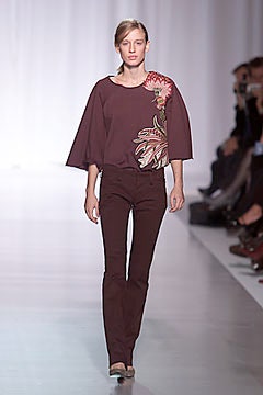 maroon embroidered top with brown pants