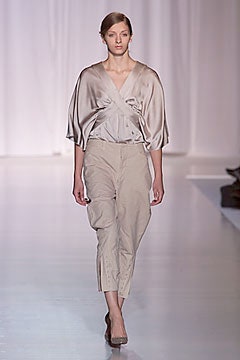 beige silk top with tailored pants