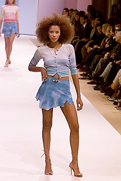 blue crop-top and mini skirt