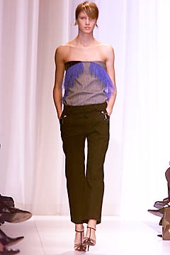 blue silk strapless fitted fringed top