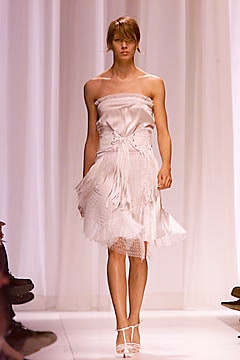 white silk strapless fringed dress