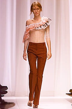fitted off-shoulder top with ruffles and tailored pants