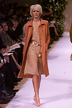 orange cotton coat and beige silk dress