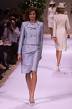 blue silk fitted suit and white midi dress