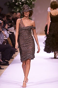 fitted brown sequined dress with hat
