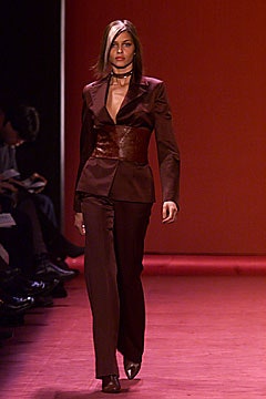 brown tailored suit with corset