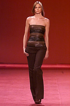 black leather strapless top and fitted pants