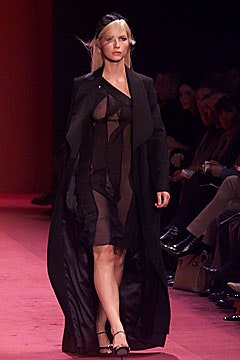 black silk coat and sheer dress