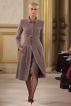 gray tweed fitted coat and skirt