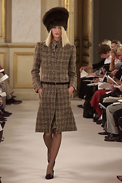 brown tweed midi coat with fur hat