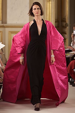 black silk fitted gown with pink cape