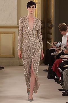 beige sequined long-sleeve gown