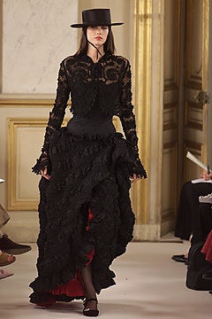 black lace blouse and tiered skirt