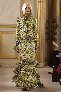 green silk ruffled gown