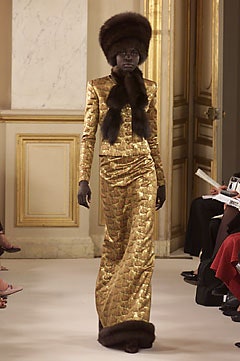 gold quilted gown with fur