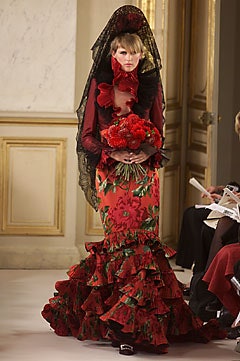 red floral gown with black veil