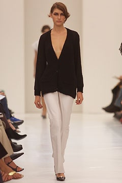 black cardigan white tailored pants