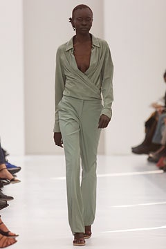 green silk long-sleeve v-neck fitted draped blouse