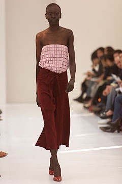 pink checked top and red velvet skirt