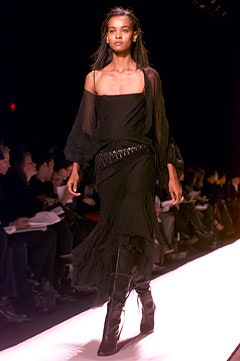 black silk off-shoulder dress with boots