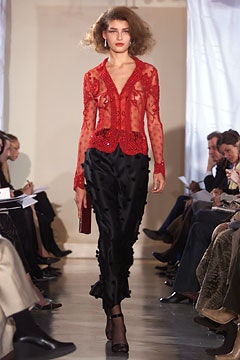 red silk long-sleeve v-neck fitted embroidered sheer blouse