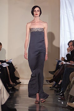 gray silk strapless gown