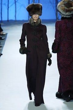 purple wool fitted coat with fur hat