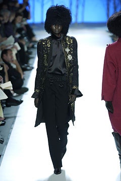 black silk fitted coat and tailored pants
