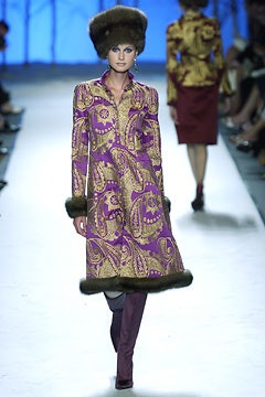 purple gold embroidered coat and red pencil skirt