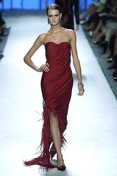 fitted red silk strapless gown