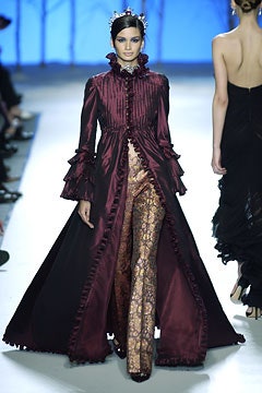 red silk long-sleeve collared fitted pleated ruffled coat