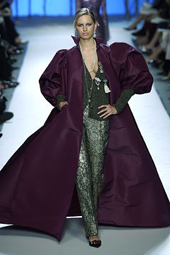 purple silk oversized coat and green pants