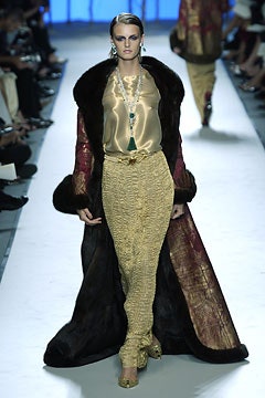 black red gold fur coat with silk blouse and pants