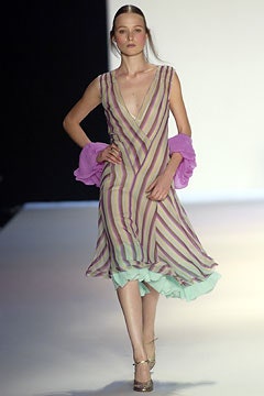 purple striped midi dress with pink blouse