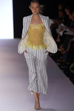 yellow silk blouse with striped suit