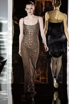 brown silk fitted gown and black mini dress