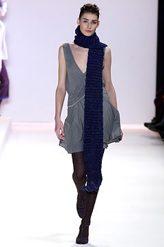 fitted gray silk mini dress with blue scarf