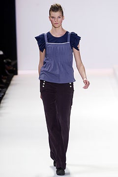 blue cotton top and purple velvet pants