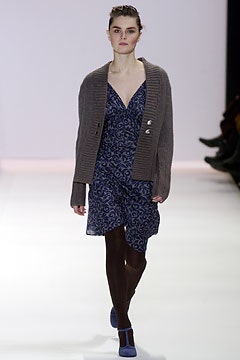 blue printed mini dress with brown cardigan
