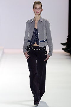 gray jacket blue top black pants