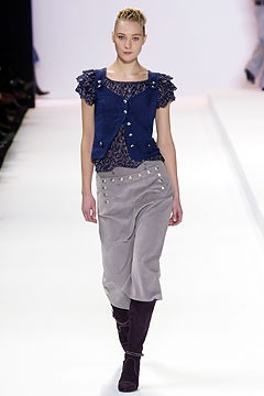 blue fitted top gray relaxed skirt
