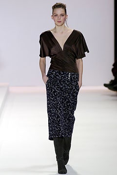 brown silk top with blue velvet skirt