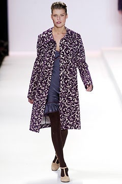 purple printed coat and blue dress