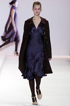 purple silk midi dress and brown coat