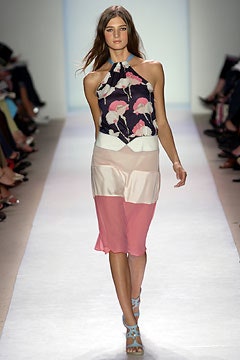 floral halterneck top with color-blocked skirt