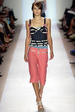 fitted navy striped top with cropped pink pants