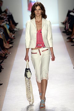 white blazer pink top white skirt